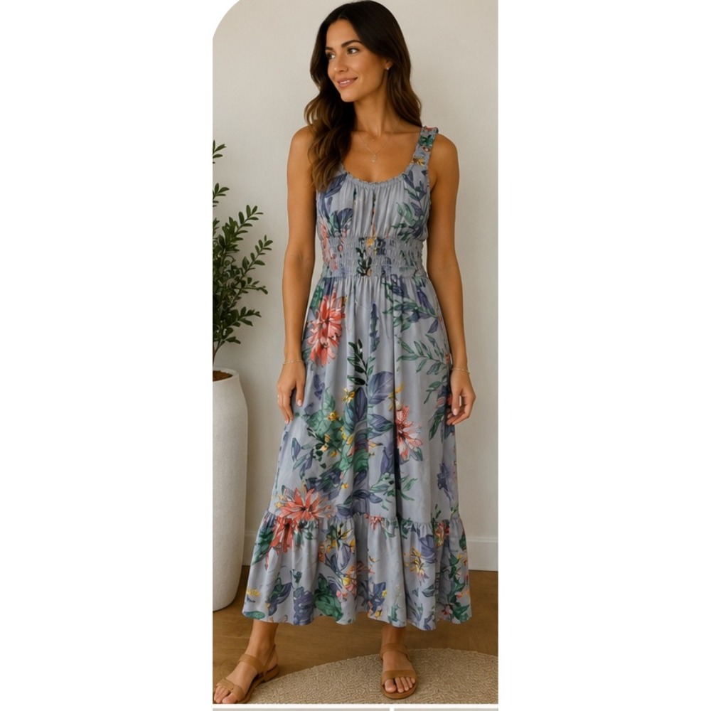 Patrons of Peace Floral Midi Dress Small Gray Tropical Boho Smocked Rayon Summer - Picture 1 of 7